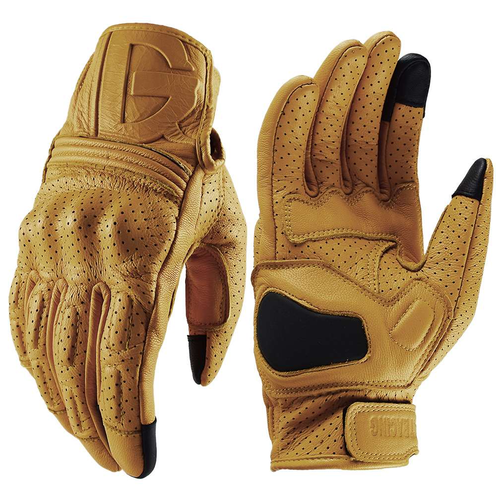 Yellow Cycling Gear - Vintage Motosiklet Deri Eldiven Sarı Tam